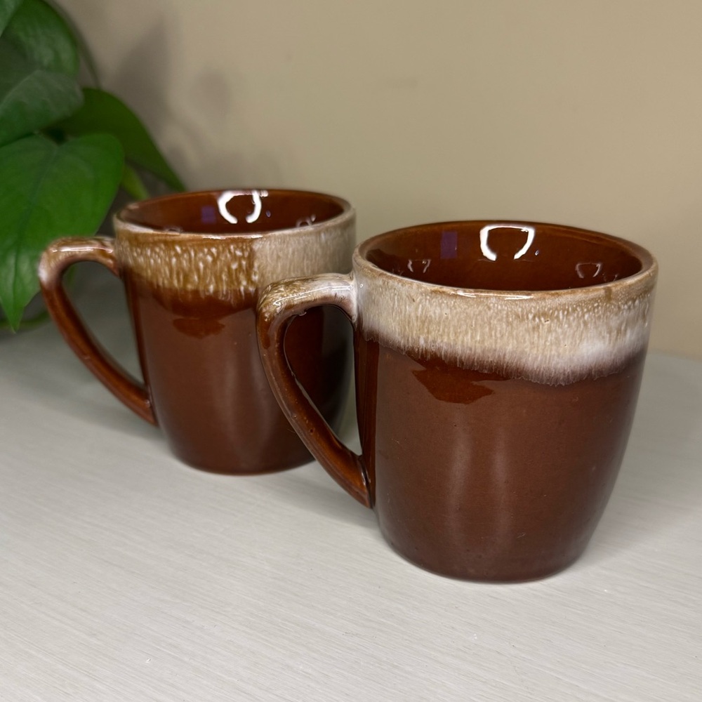 Set of 2 Brown & White Drippy Glaze Mugs | Vintage Made in Korea